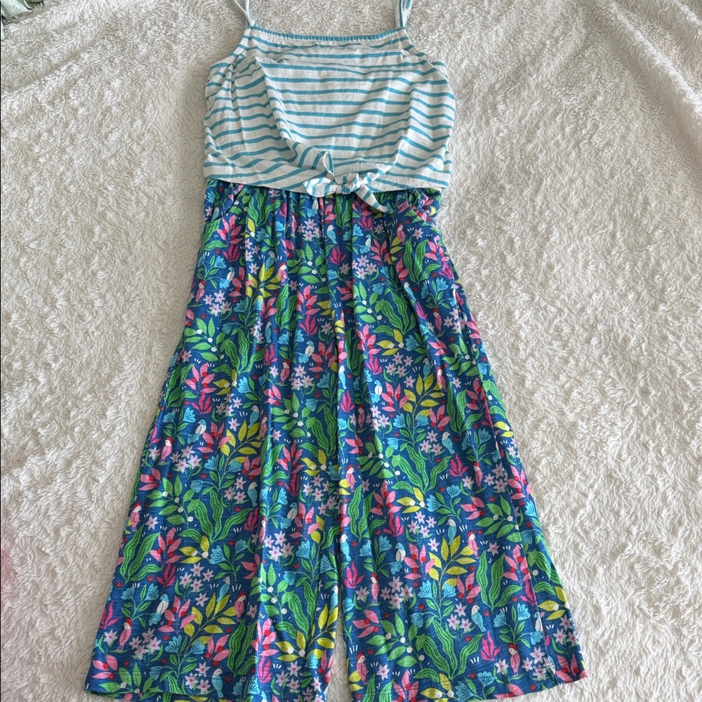 Mini Boden girls size 8-9 blue tropical print knit sleeveless striped top romper